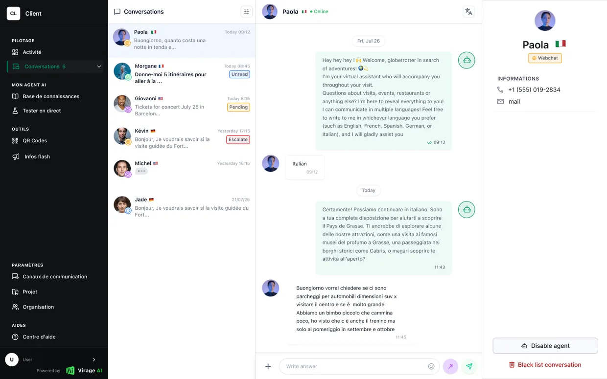 Tableau de bord Virage AI : liste des conversations et échange en cours avec un visiteur