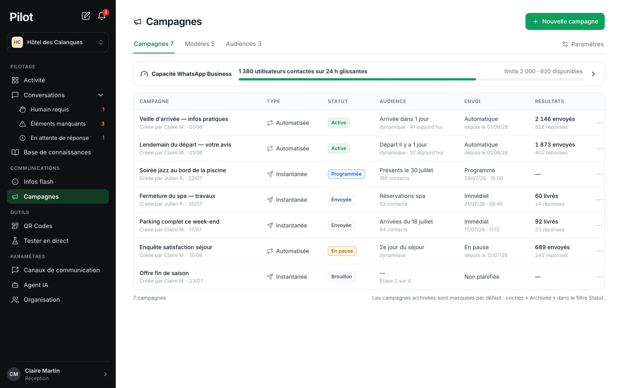 Pilot, liste des campagnes WhatsApp instantanées et automatisées, avec leurs résultats (données de démonstration)
